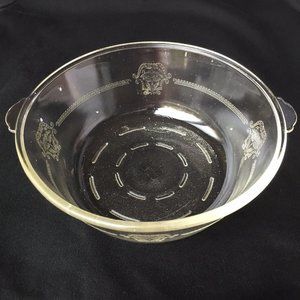 Glasbake Casserole Dish Clear Glass Serving Bowl Etched Crest Handles Vintage